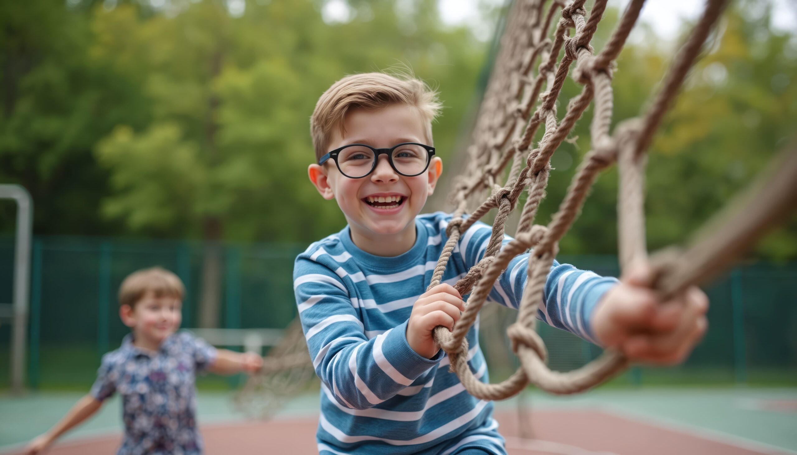 Merkmale einer optimalen Kinderbrille Zwei Jungen klettern lachend an einem Seilnetz auf einem Spielplatz, der vordere Junge trägt eine Brille und einen gestreiften Pullover.