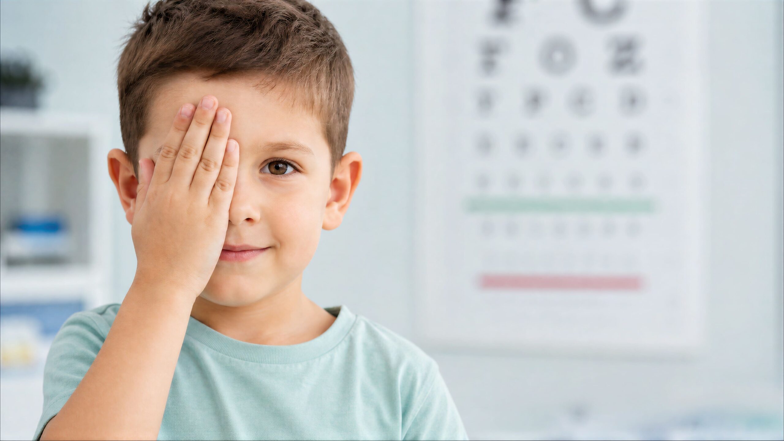 Kinderoptometrie Junge bedeckt ein Auge mit der Hand und schaut in die Kamera vor einer unscharfen Sehtafel.