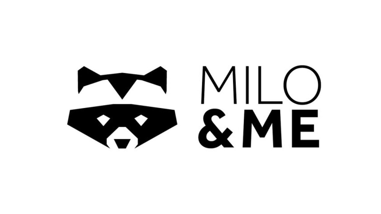 milo & me Schwarz-weiße stilisierte Darstellung eines Waschbärkopfs neben dem Schriftzug 'MILO & ME'