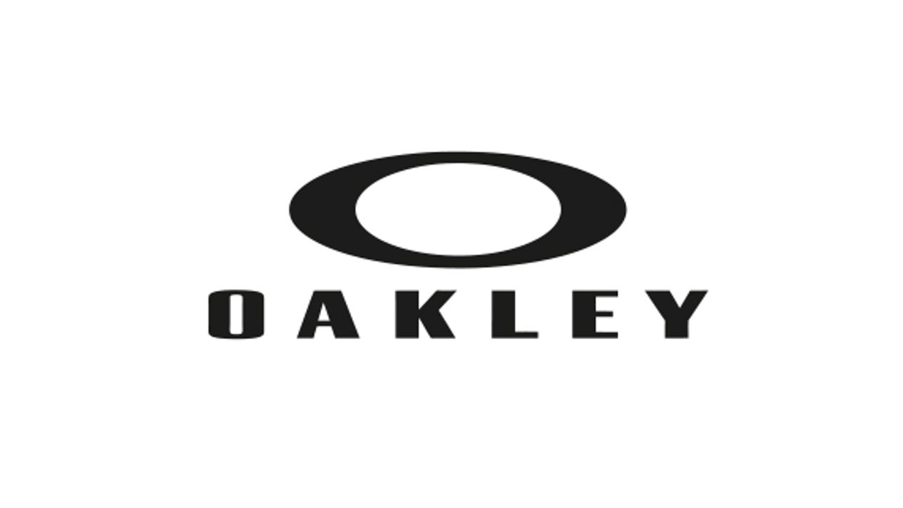 Oakley Schwarze stilisierte Ellipse über dem Schriftzug 'OAKLEY' in Großbuchstaben.